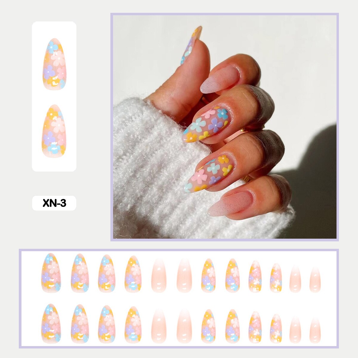24pcs Girlish Colorful Graffiti Nail Art Fake Nails With Glue Pink Purple Short Press on False Nails With Wearing Tools
