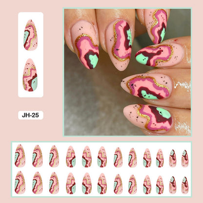 24pcs Girlish Colorful Graffiti Nail Art Fake Nails With Glue Pink Purple Short Press on False Nails With Wearing Tools
