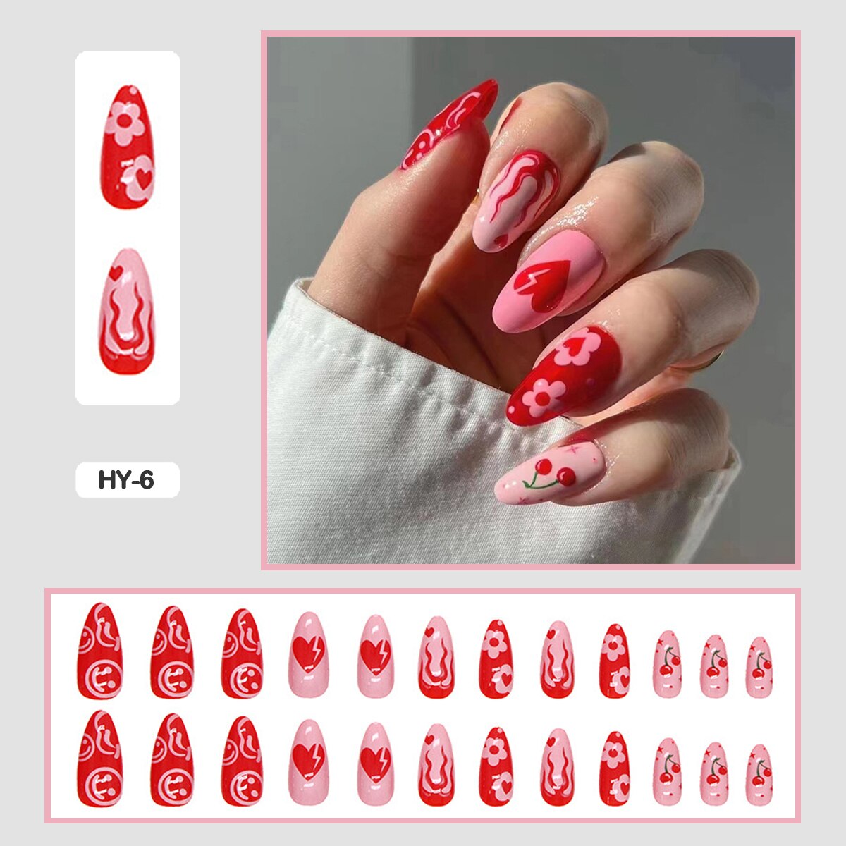 24pcs Girlish Colorful Graffiti Nail Art Fake Nails With Glue Pink Purple Short Press on False Nails With Wearing Tools