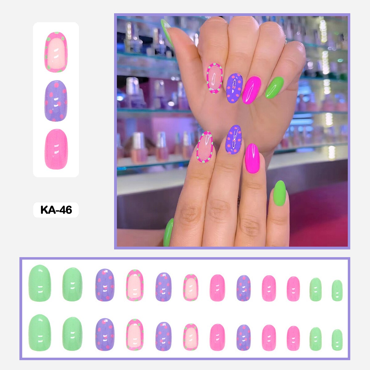 24pcs Girlish Colorful Graffiti Nail Art Fake Nails With Glue Pink Purple Short Press on False Nails With Wearing Tools