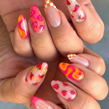 24pcs Girlish Colorful Graffiti Nail Art Fake Nails With Glue Pink Purple Short Press on False Nails With Wearing Tools