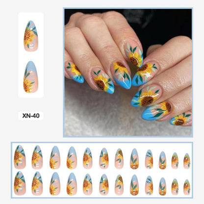 24pcs Girlish Colorful Graffiti Nail Art Fake Nails With Glue Pink Purple Short Press on False Nails With Wearing Tools