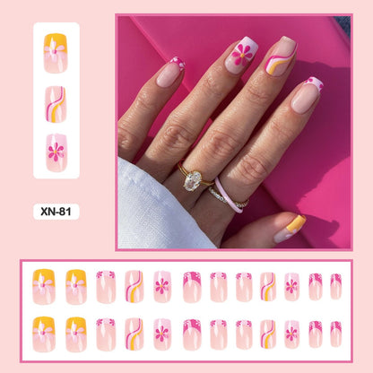 24pcs Girlish Colorful Graffiti Nail Art Fake Nails With Glue Pink Purple Short Press on False Nails With Wearing Tools