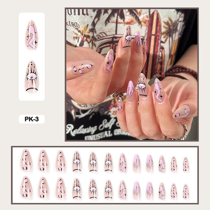 24pcs Girlish Colorful Graffiti Nail Art Fake Nails With Glue Pink Purple Short Press on False Nails With Wearing Tools