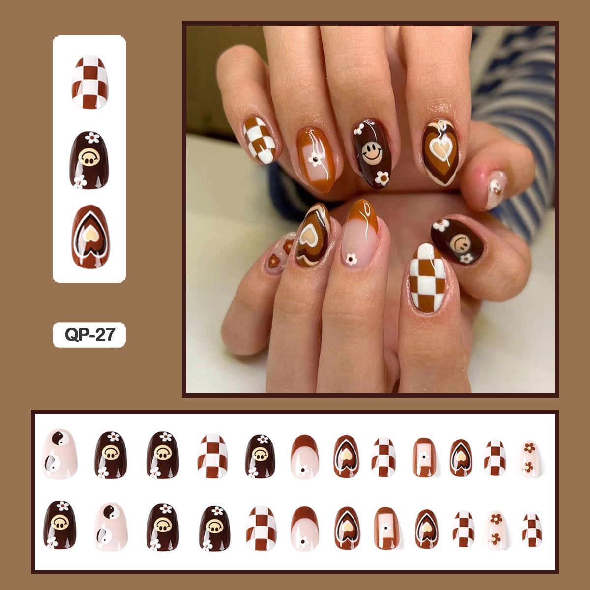 24pcs Girlish Colorful Graffiti Nail Art Fake Nails With Glue Pink Purple Short Press on False Nails With Wearing Tools