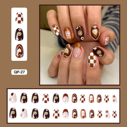24pcs Girlish Colorful Graffiti Nail Art Fake Nails With Glue Pink Purple Short Press on False Nails With Wearing Tools