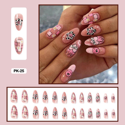 24pcs Girlish Colorful Graffiti Nail Art Fake Nails With Glue Pink Purple Short Press on False Nails With Wearing Tools