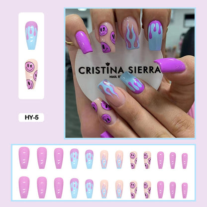 24pcs Girlish Colorful Graffiti Nail Art Fake Nails With Glue Pink Purple Short Press on False Nails With Wearing Tools