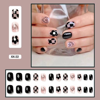 24pcs Girlish Colorful Graffiti Nail Art Fake Nails With Glue Pink Purple Short Press on False Nails With Wearing Tools