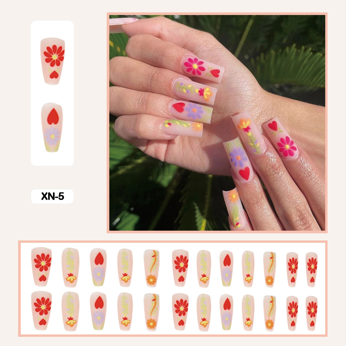24pcs Girlish Colorful Graffiti Nail Art Fake Nails With Glue Pink Purple Short Press on False Nails With Wearing Tools