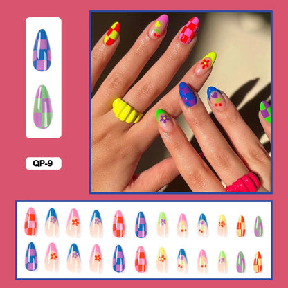 24pcs Girlish Colorful Graffiti Nail Art Fake Nails With Glue Pink Purple Short Press on False Nails With Wearing Tools
