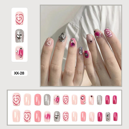 24pcs Girlish Colorful Graffiti Nail Art Fake Nails With Glue Pink Purple Short Press on False Nails With Wearing Tools