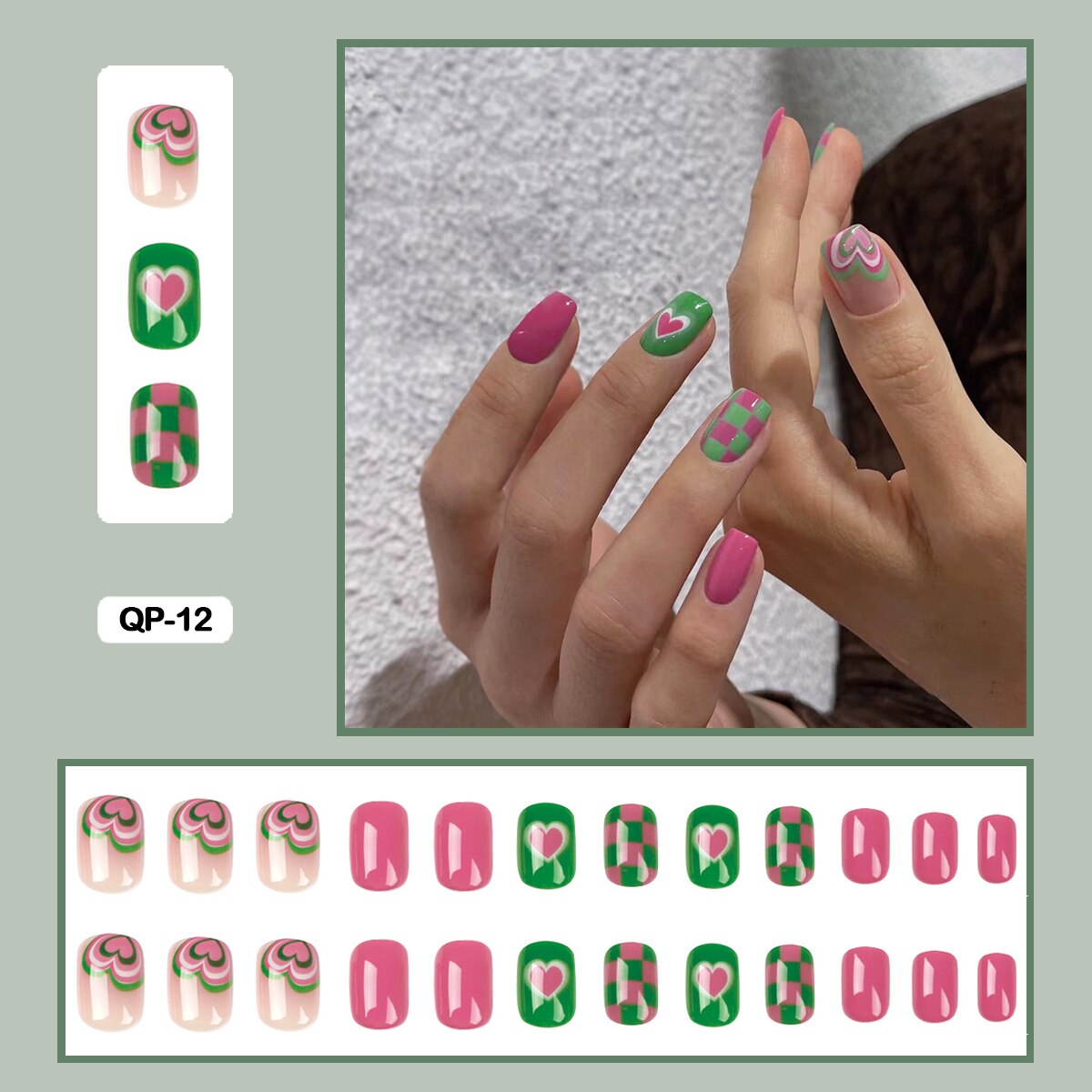 24pcs Girlish Colorful Graffiti Nail Art Fake Nails With Glue Pink Purple Short Press on False Nails With Wearing Tools