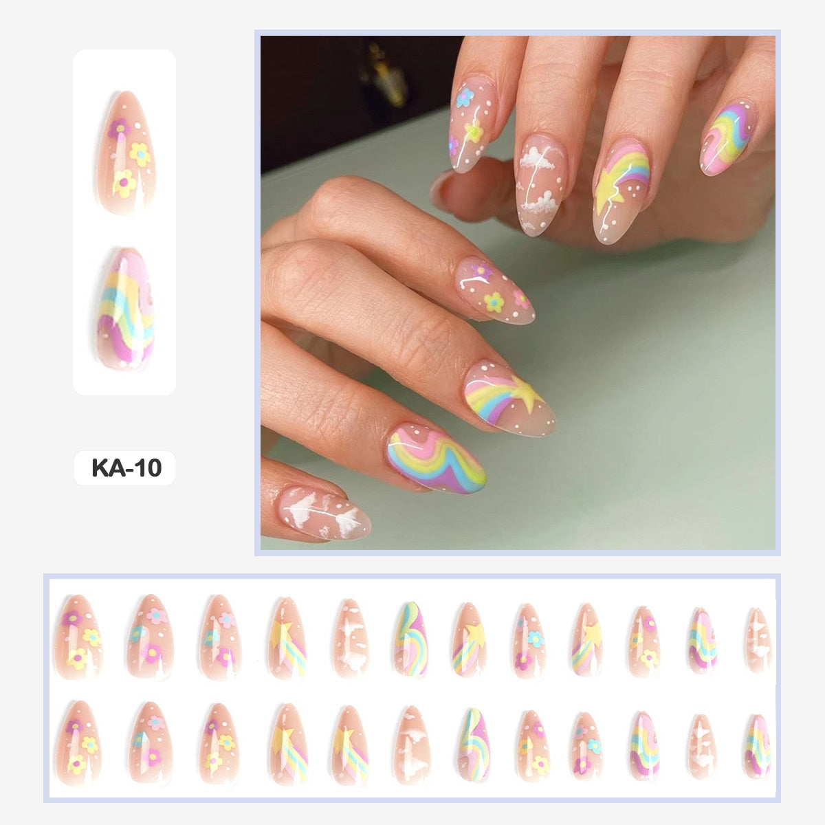 24pcs Girlish Colorful Graffiti Nail Art Fake Nails With Glue Pink Purple Short Press on False Nails With Wearing Tools