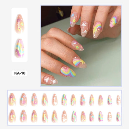 24pcs Girlish Colorful Graffiti Nail Art Fake Nails With Glue Pink Purple Short Press on False Nails With Wearing Tools