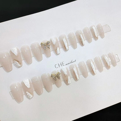 24pcs Glitter Gold Diamond False Nails French Butterfly Design Press on Nail Wearable Full Cover Acrylic Nail Tips for Girls