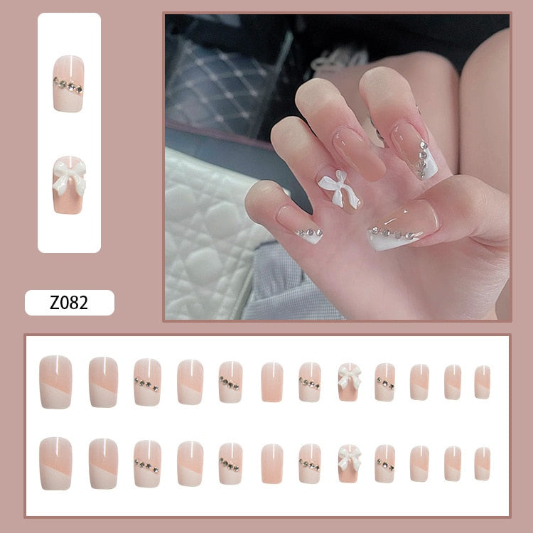 24pcs Glitter Gold Diamond False Nails French Butterfly Design Press on Nail Wearable Full Cover Acrylic Nail Tips for Girls