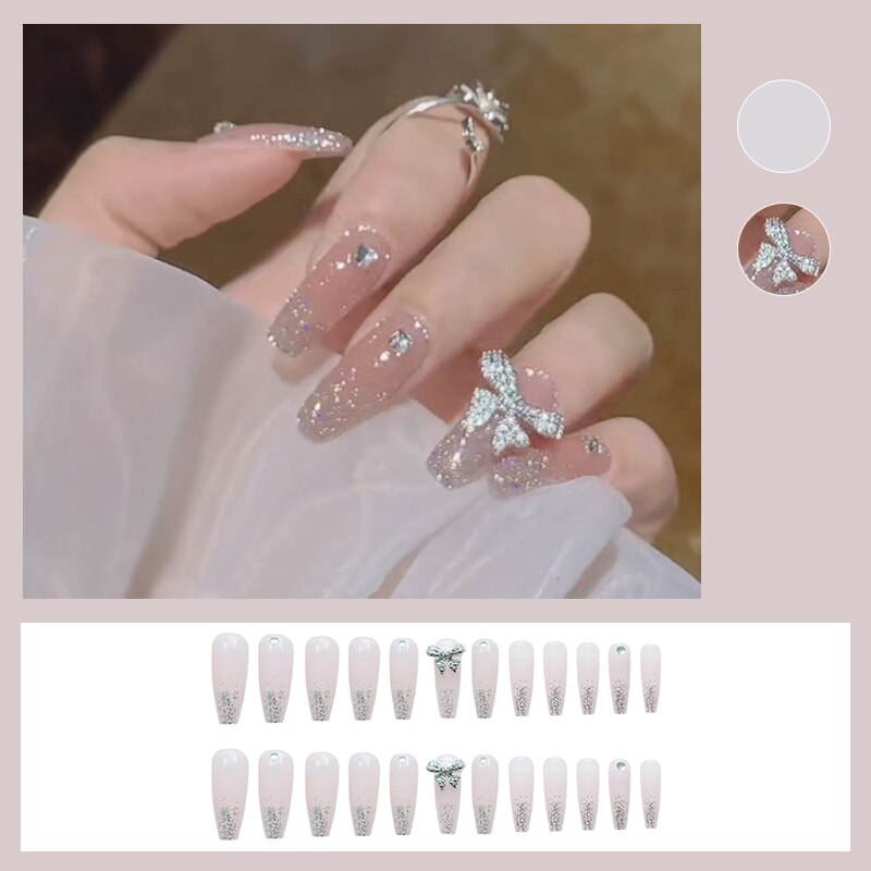 24pcs Glitter Gold Diamond False Nails French Butterfly Design Press on Nail Wearable Full Cover Acrylic Nail Tips for Girls