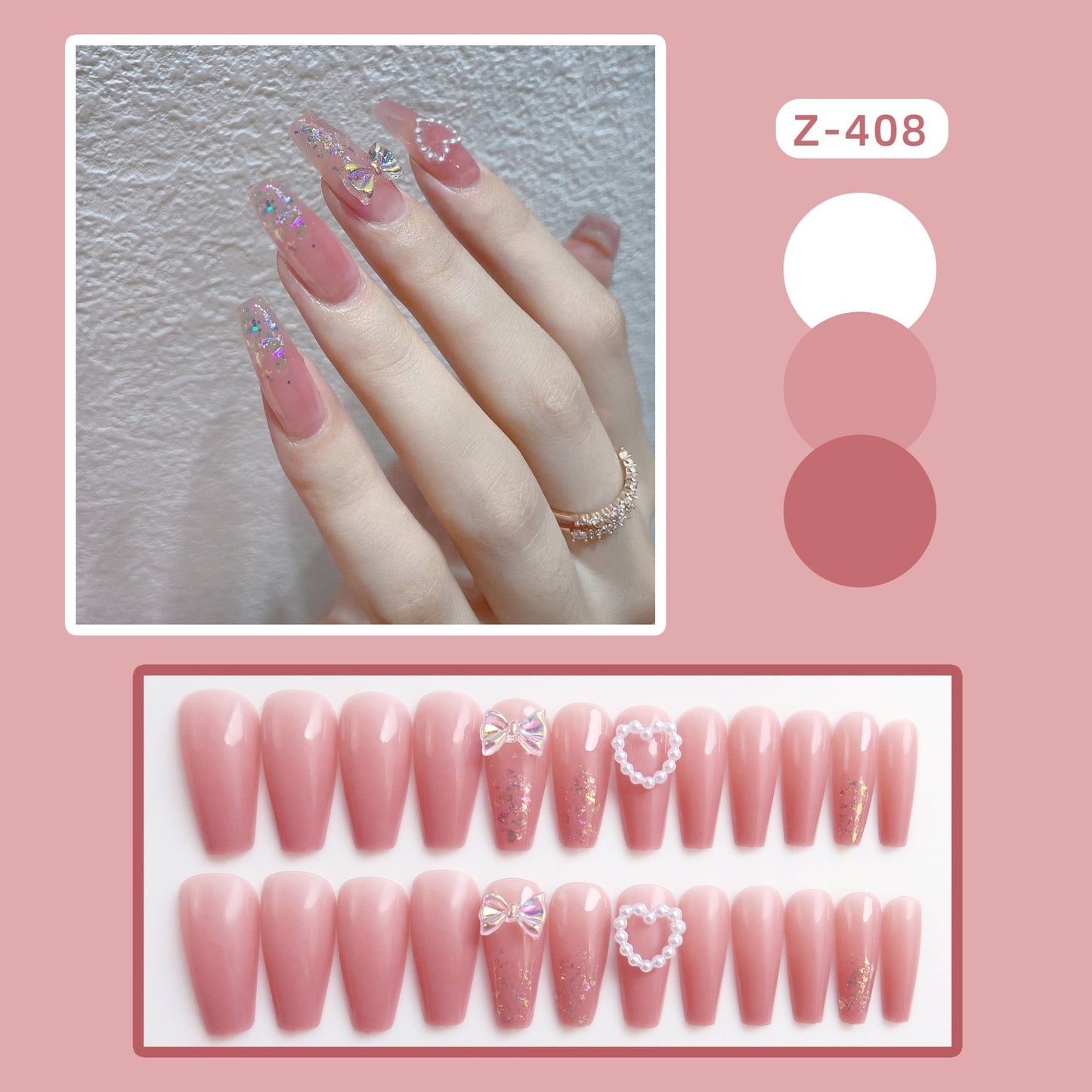 24pcs Glitter Gold Diamond False Nails French Butterfly Design Press on Nail Wearable Full Cover Acrylic Nail Tips for Girls