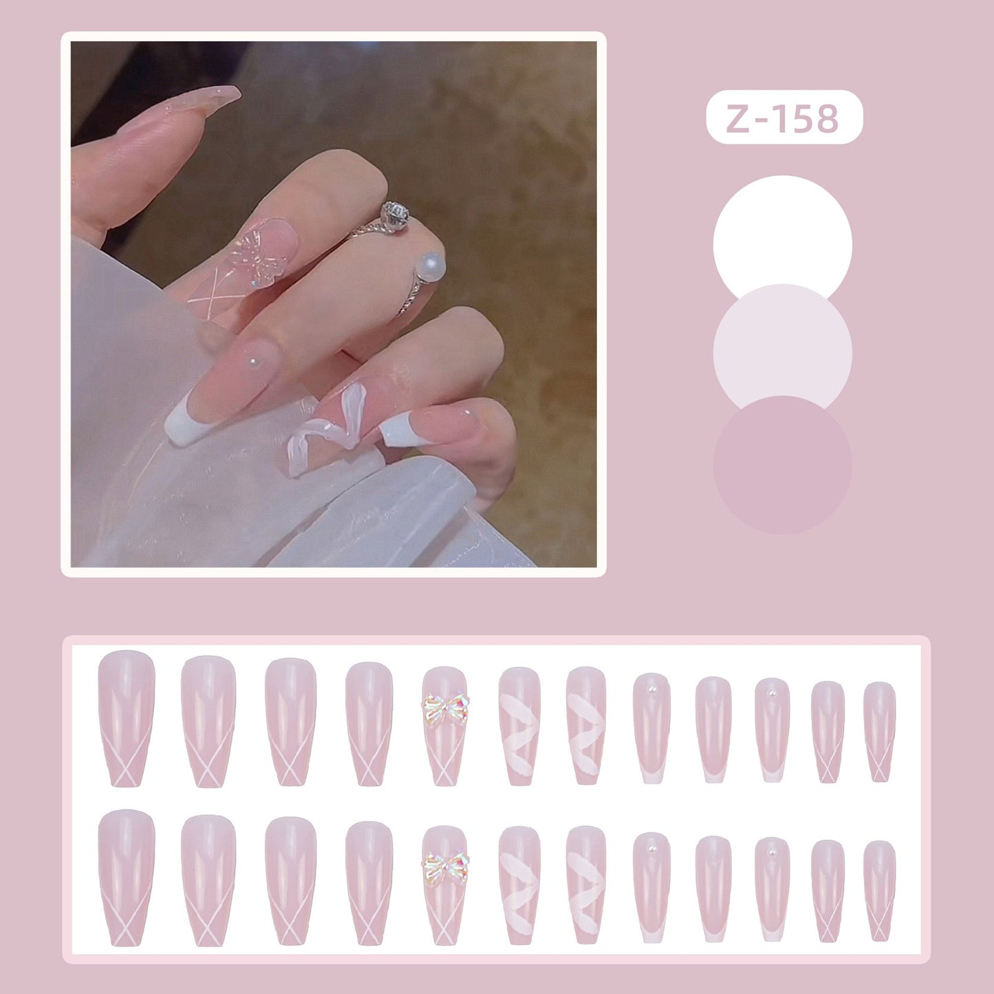 24pcs Glitter Gold Diamond False Nails French Butterfly Design Press on Nail Wearable Full Cover Acrylic Nail Tips for Girls