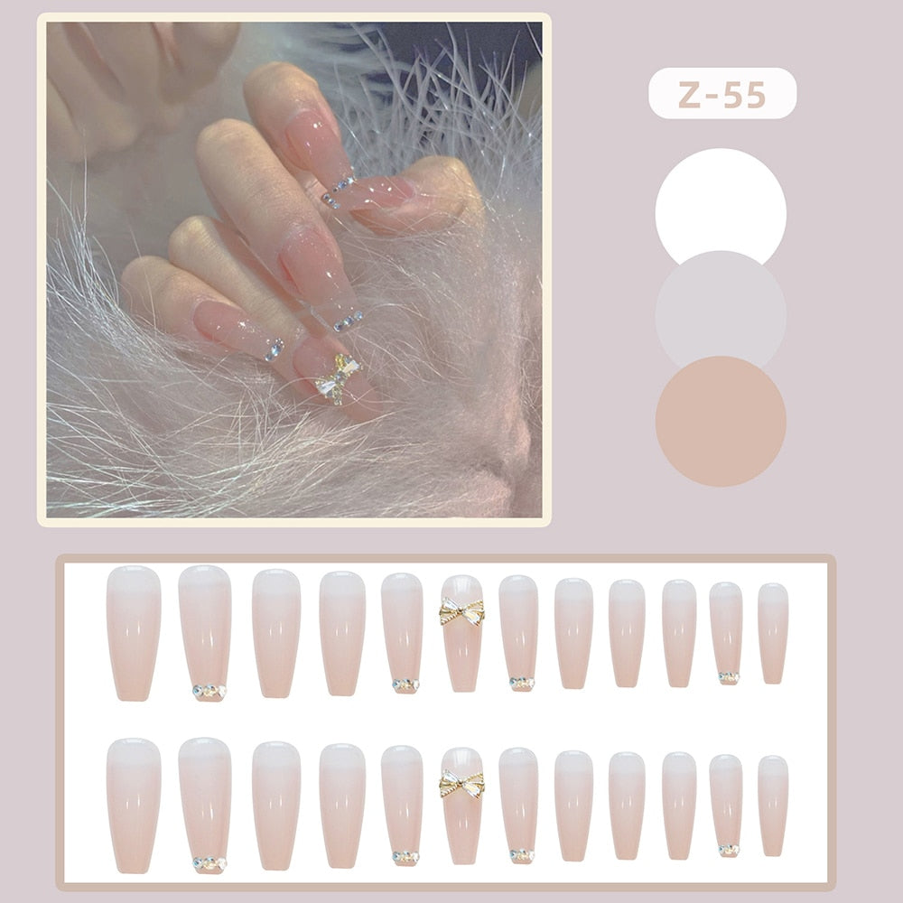 24pcs Glitter Gold Diamond False Nails French Butterfly Design Press on Nail Wearable Full Cover Acrylic Nail Tips for Girls