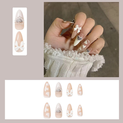 24pcs Glitter Gold Diamond False Nails French Butterfly Design Press on Nail Wearable Full Cover Acrylic Nail Tips for Girls
