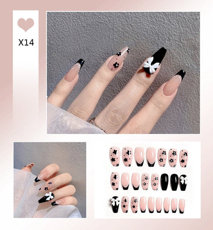 24pcs Glitter Gold Diamond False Nails French Butterfly Design Press on Nail Wearable Full Cover Acrylic Nail Tips for Girls