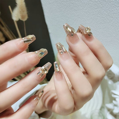 24pcs Glitter Gold Diamond False Nails French Butterfly Design Press on Nail Wearable Full Cover Acrylic Nail Tips for Girls