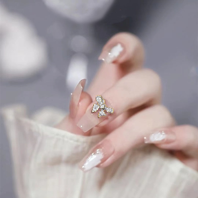 24pcs Glitter Gold Diamond False Nails French Butterfly Design Press on Nail Wearable Full Cover Acrylic Nail Tips for Girls