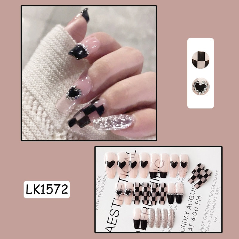24pcs Glitter Gold Diamond False Nails French Butterfly Design Press on Nail Wearable Full Cover Acrylic Nail Tips for Girls