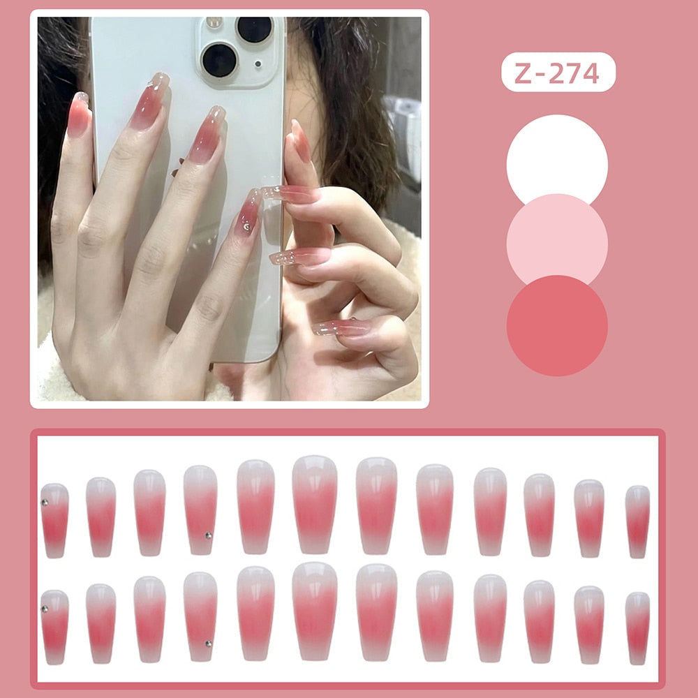 24pcs Glitter Gold Diamond False Nails French Butterfly Design Press on Nail Wearable Full Cover Acrylic Nail Tips for Girls