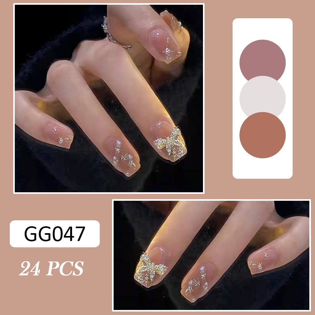 24pcs Glitter Gold Diamond False Nails French Butterfly Design Press on Nail Wearable Full Cover Acrylic Nail Tips for Girls