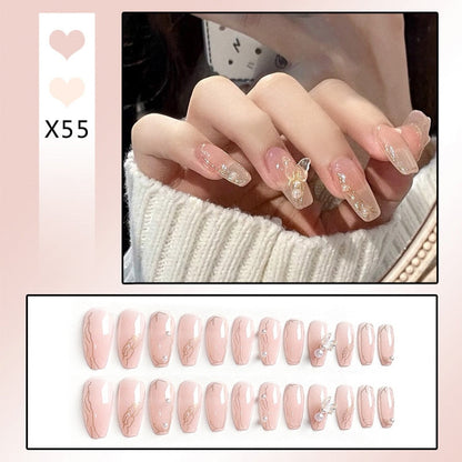 24pcs Glitter Gold Diamond False Nails French Butterfly Design Press on Nail Wearable Full Cover Acrylic Nail Tips for Girls