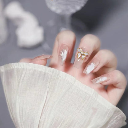 24pcs Glitter Gold Diamond False Nails French Butterfly Design Press on Nail Wearable Full Cover Acrylic Nail Tips for Girls