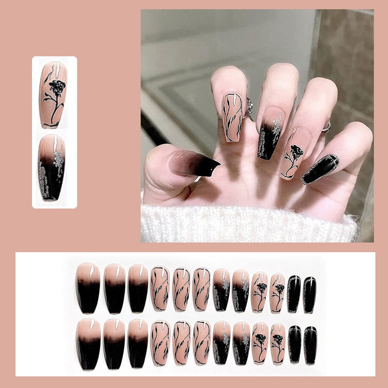 24pcs Glitter Gold Diamond False Nails French Butterfly Design Press on Nail Wearable Full Cover Acrylic Nail Tips for Girls