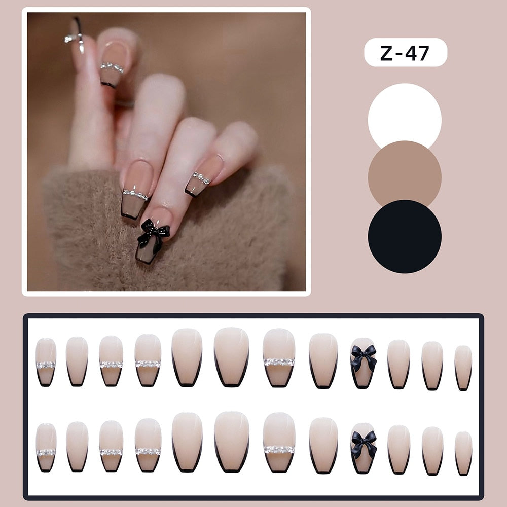 24pcs Glitter Gold Diamond False Nails French Butterfly Design Press on Nail Wearable Full Cover Acrylic Nail Tips for Girls
