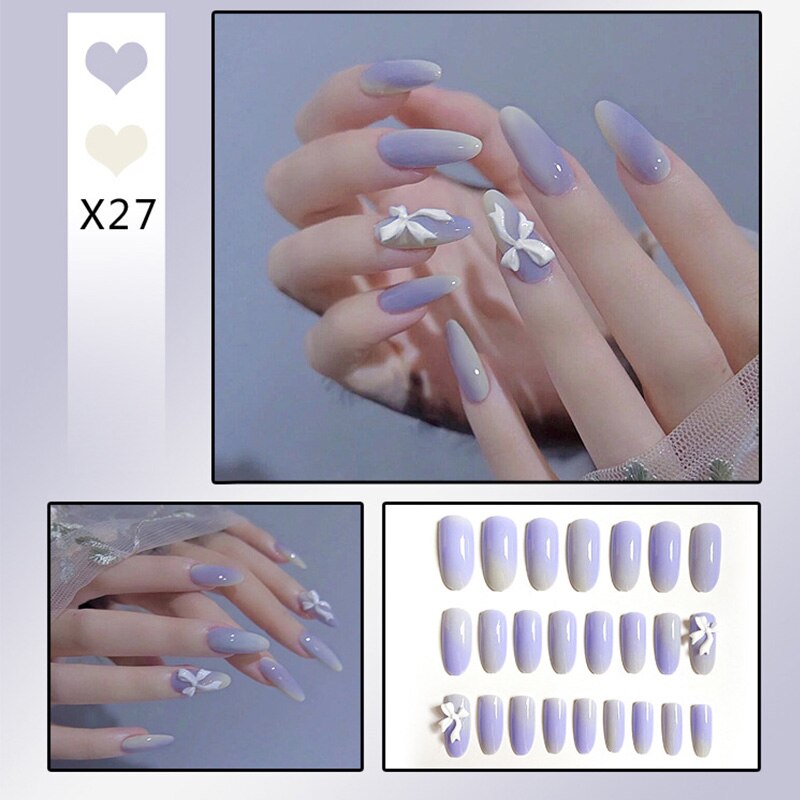 24pcs Glitter Gold Diamond False Nails French Butterfly Design Press on Nail Wearable Full Cover Acrylic Nail Tips for Girls