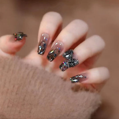 24pcs Glitter Gold Diamond False Nails French Butterfly Design Press on Nail Wearable Full Cover Acrylic Nail Tips for Girls