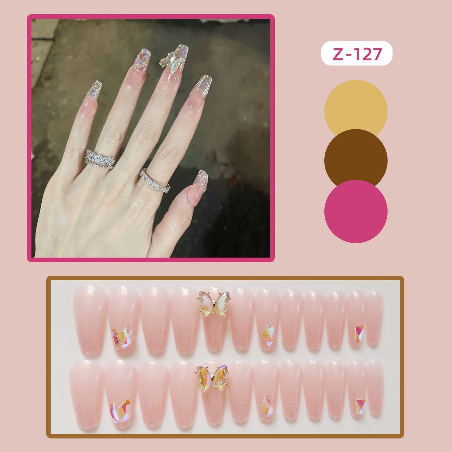 24pcs Glitter Gold Diamond False Nails French Butterfly Design Press on Nail Wearable Full Cover Acrylic Nail Tips for Girls