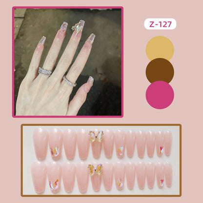 24pcs Glitter Gold Diamond False Nails French Butterfly Design Press on Nail Wearable Full Cover Acrylic Nail Tips for Girls