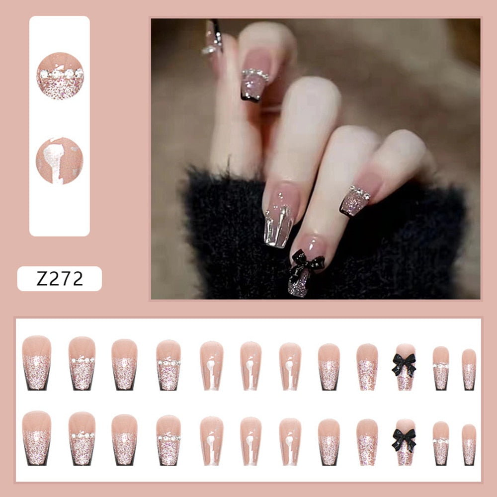 24pcs Glitter Gold Diamond False Nails French Butterfly Design Press on Nail Wearable Full Cover Acrylic Nail Tips for Girls