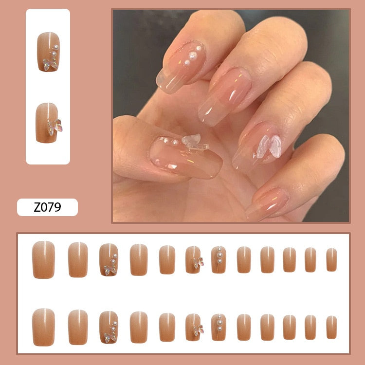 24pcs Glitter Gold Diamond False Nails French Butterfly Design Press on Nail Wearable Full Cover Acrylic Nail Tips for Girls