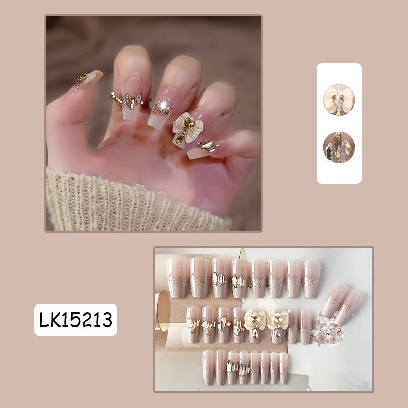 24pcs Glitter Gold Diamond False Nails French Butterfly Design Press on Nail Wearable Full Cover Acrylic Nail Tips for Girls