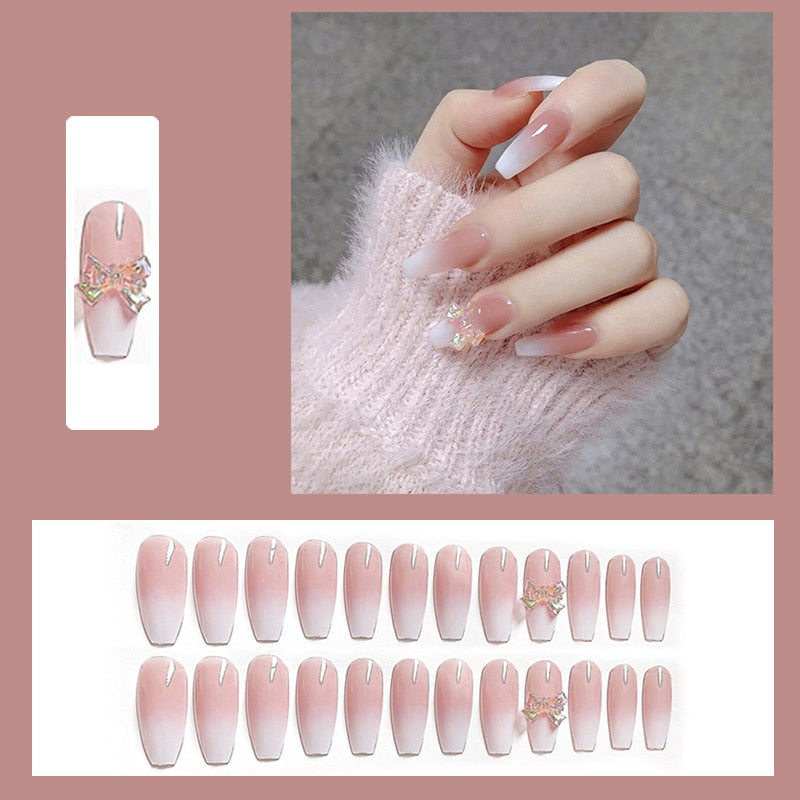 24pcs Glitter Gold Diamond False Nails French Butterfly Design Press on Nail Wearable Full Cover Acrylic Nail Tips for Girls