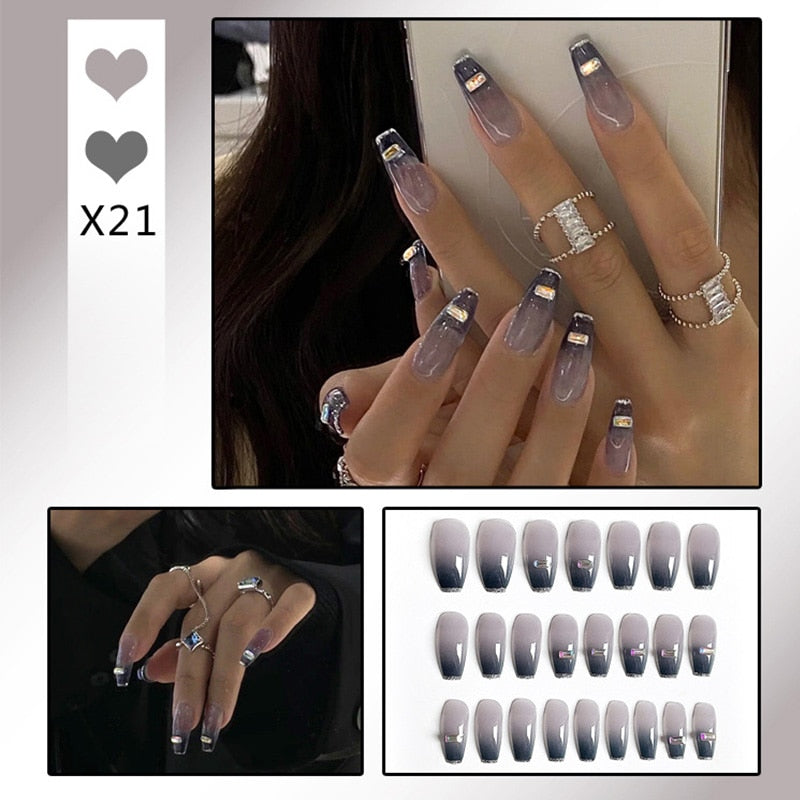 24pcs Glitter Gold Diamond False Nails French Butterfly Design Press on Nail Wearable Full Cover Acrylic Nail Tips for Girls