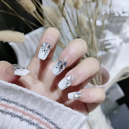24pcs Glitter Gold Diamond False Nails French Butterfly Design Press on Nail Wearable Full Cover Acrylic Nail Tips for Girls