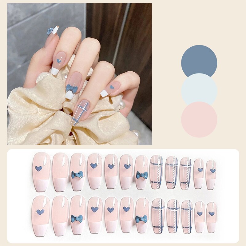 24pcs Glitter Gold Diamond False Nails French Butterfly Design Press on Nail Wearable Full Cover Acrylic Nail Tips for Girls