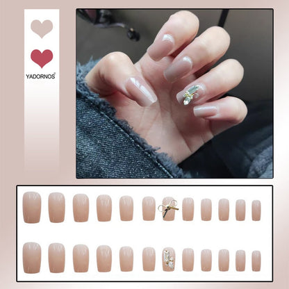24pcs Glitter Gold Diamond False Nails French Butterfly Design Press on Nail Wearable Full Cover Acrylic Nail Tips for Girls