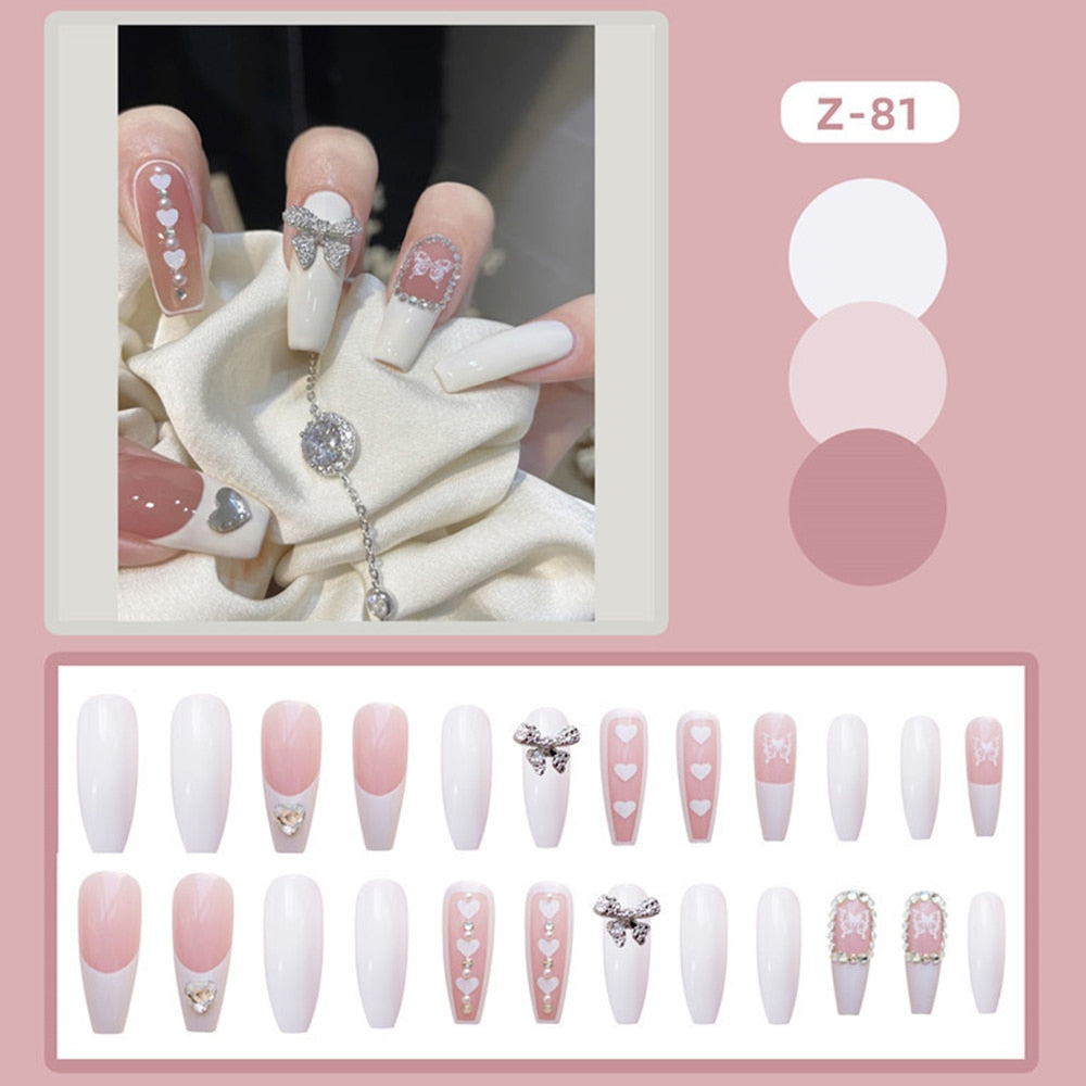 24pcs Glitter Gold Diamond False Nails French Butterfly Design Press on Nail Wearable Full Cover Acrylic Nail Tips for Girls