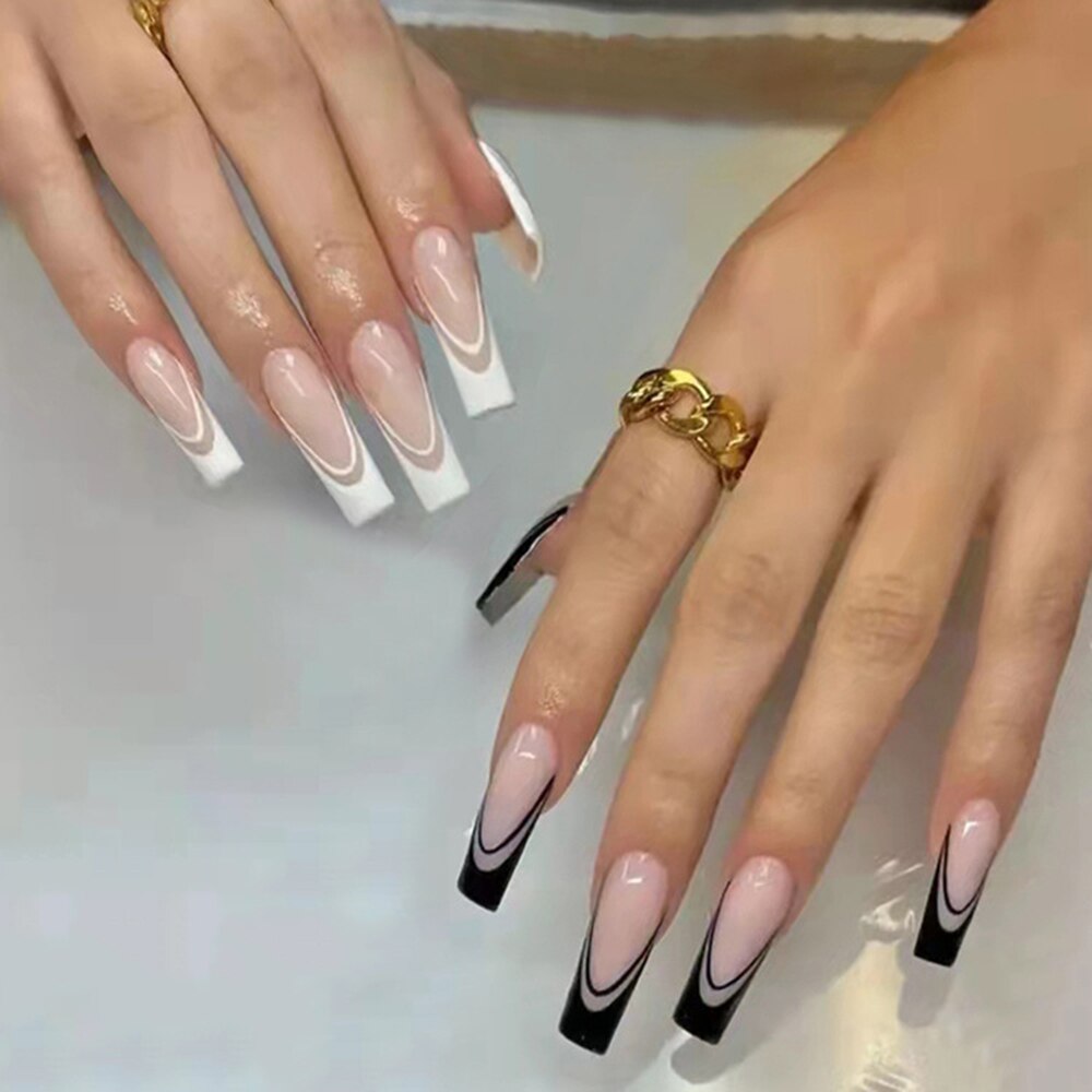 24pcs Gradient Ballet False Y2k Nails Press On Long Coffin French Nail Tips Full Cover Acrylic Fake Nails Stickers
